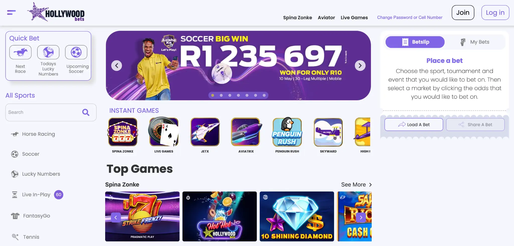 HollywoodBet South Africa Homepage Interface